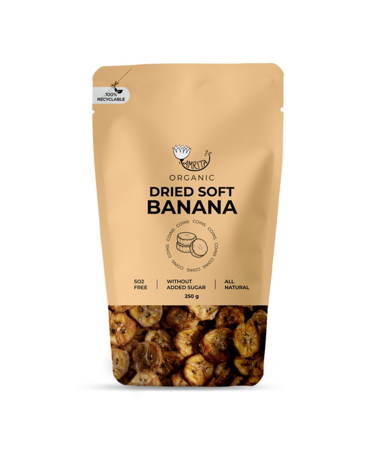 Ekologiški džiovinti minkšti bananų gabaliukai AMRITA, 250 g 2